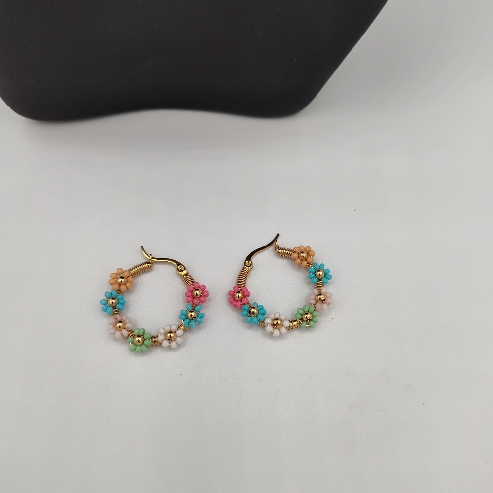 NWOT Handmade Floral Hoop Earrings with Multicolor Accents - Picture 3 of 5